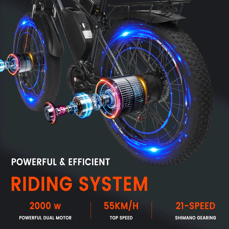 GUNAI Electric Bicycles 2000W Dual Motor 26Inch Fat Tire Adults Ebike 55km/h 21 Speed with 48V 23AH Battery Bike EU Stock