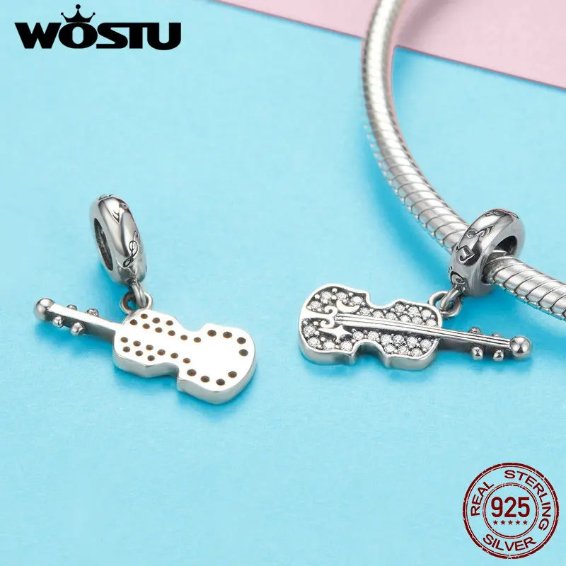 WOSTU 925 Sterling Silver Violin Guitar Music Bead Charms Pendant Fit Original Charm Bracelet Authentic Jewelry Gifts CQC1078