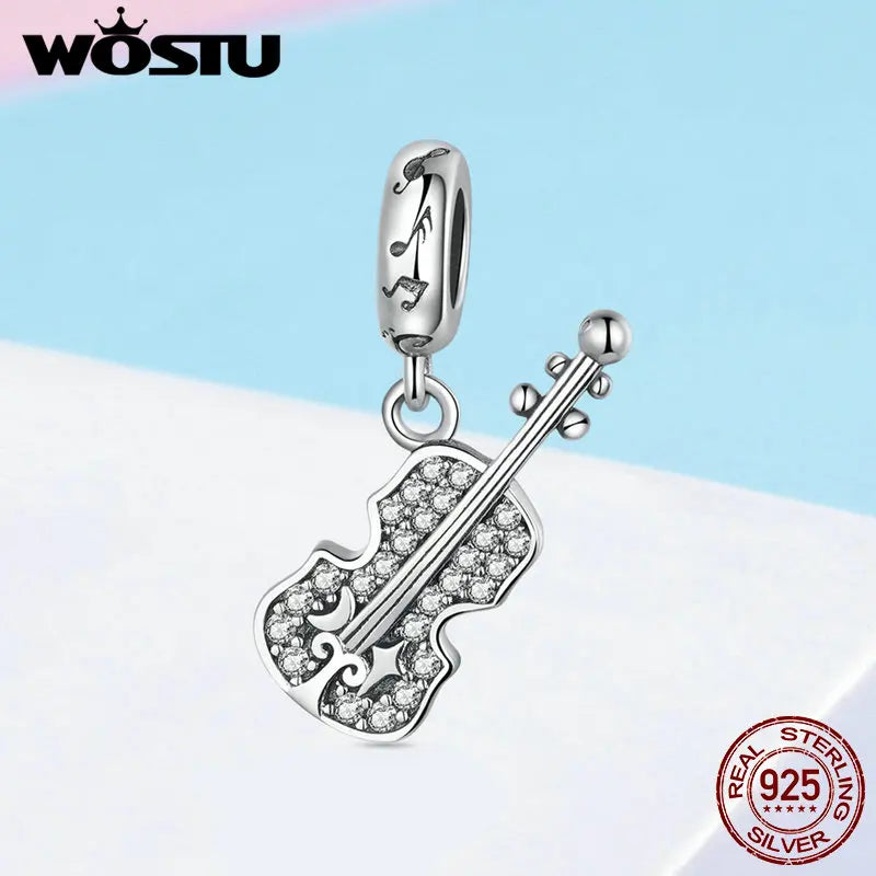 WOSTU 925 Sterling Silver Violin Guitar Music Bead Charms Pendant Fit Original Charm Bracelet Authentic Jewelry Gifts CQC1078