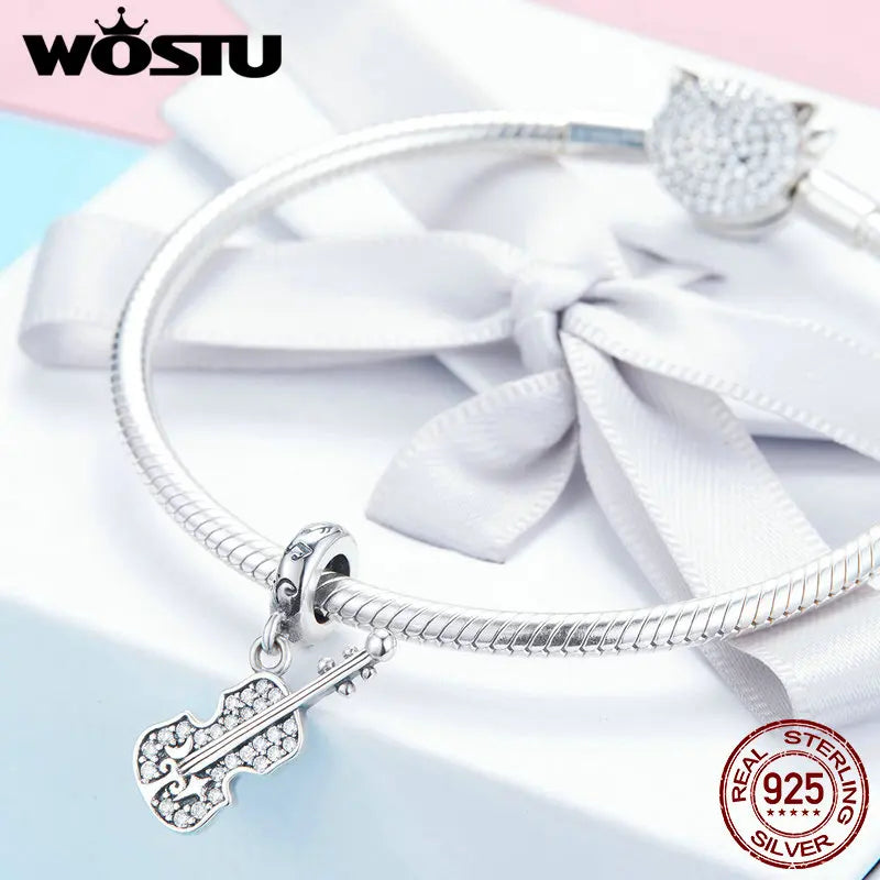 WOSTU 925 Sterling Silver Violin Guitar Music Bead Charms Pendant Fit Original Charm Bracelet Authentic Jewelry Gifts CQC1078