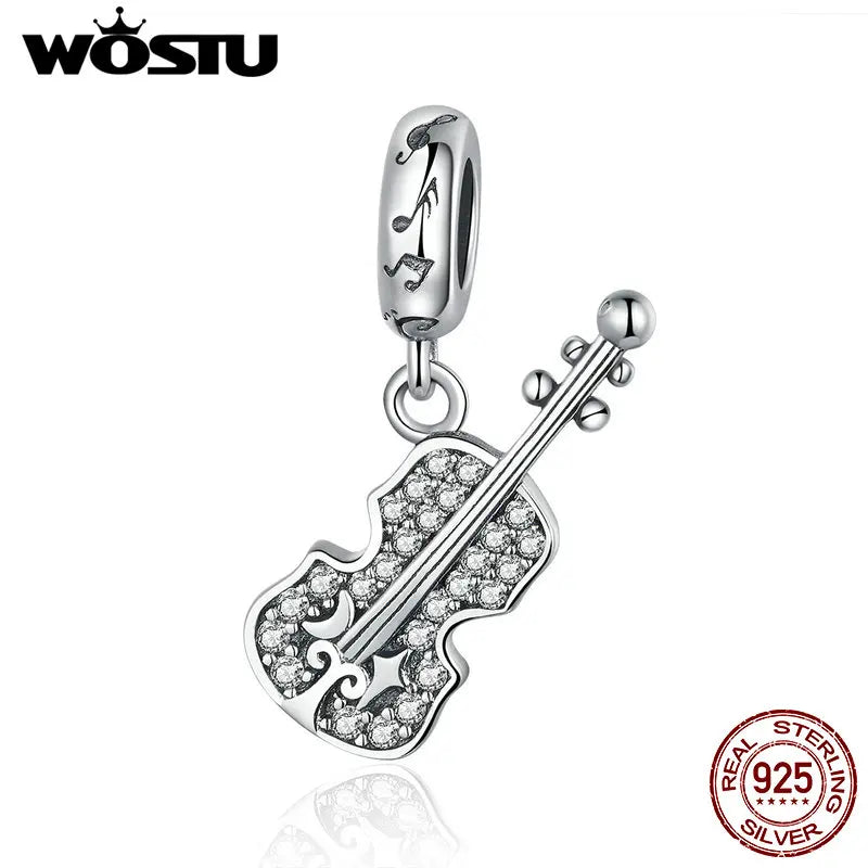 WOSTU 925 Sterling Silver Violin Guitar Music Bead Charms Pendant Fit Original Charm Bracelet Authentic Jewelry Gifts CQC1078