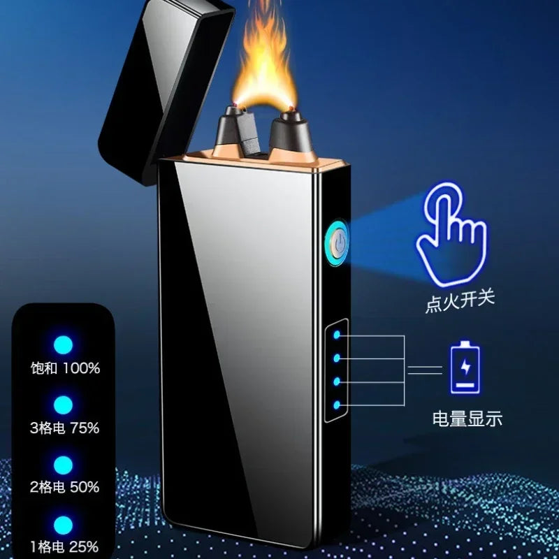 Metal Powerful Flame USB Lighter High Power Windproof Rechargeable Electronic Plasma Double Arc Lighter LED Display Gadget