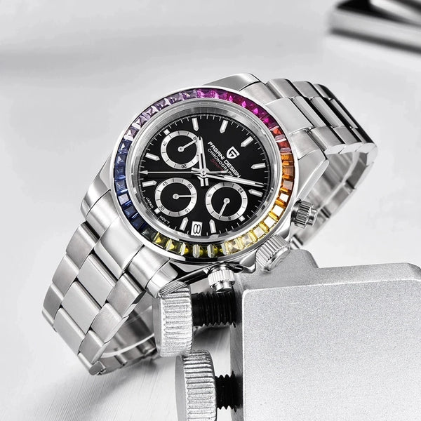 2023 PAGANI DESIGN New Rainbow Bezel Sport Watch Men Quartz Stainless Steel 100MWaterproof Mens Watch VK63 Sapphire Chronograph