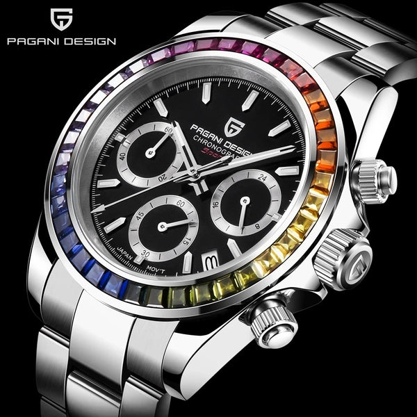 2023 PAGANI DESIGN New Rainbow Bezel Sport Watch Men Quartz Stainless Steel 100MWaterproof Mens Watch VK63 Sapphire Chronograph