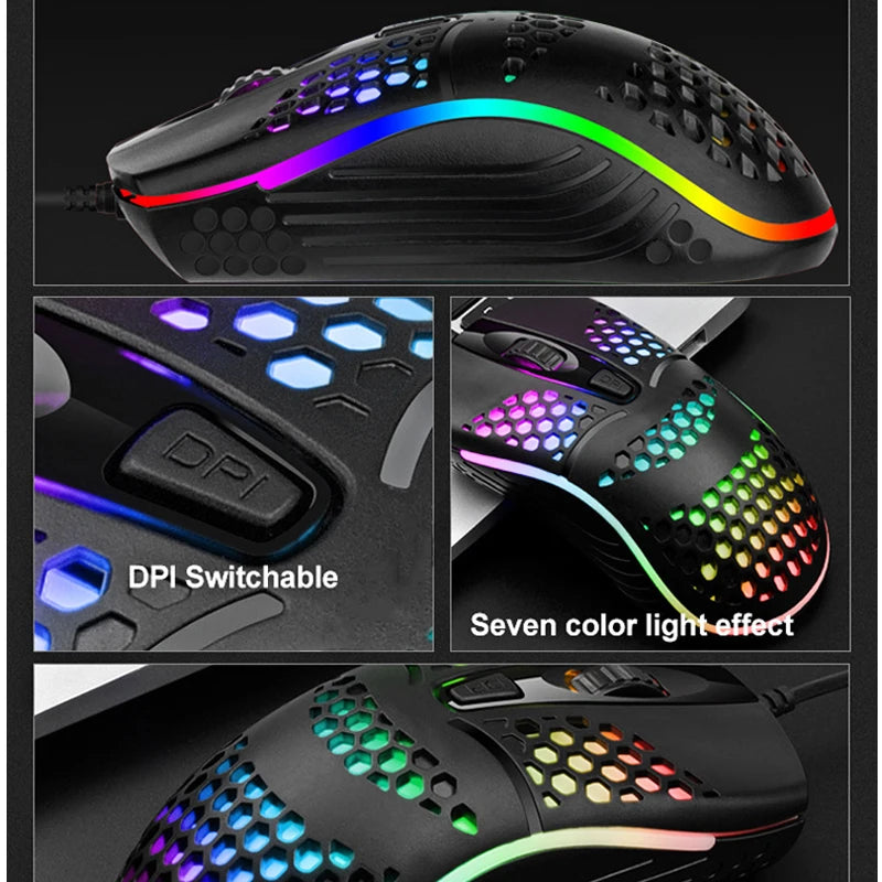 Wired Cable Gaming 7 breathing LED Back Light Optical Mouse USB Computer Hollowed out Mice Laptop Desktop 4D PC home use Office