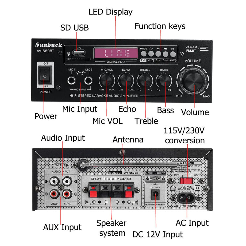 SUNBUCK AV-660BT Sound Amplifier CH 2.1 Power Amplifiers For Home Car Meeting Theater AMP Support EQ FM USB SD Card 2 Mic input