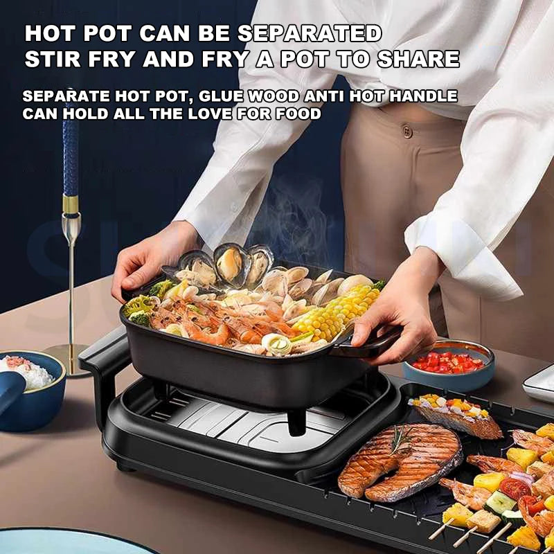 Household Smokeless Barbecue Hot Pot Machine Cooking Baking Plate Integrated Pot Eletrico Griddle Electric Boiling Pot Barbecue