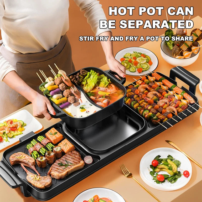 Household Smokeless Barbecue Hot Pot Machine Cooking Baking Plate Integrated Pot Eletrico Griddle Electric Boiling Pot Barbecue